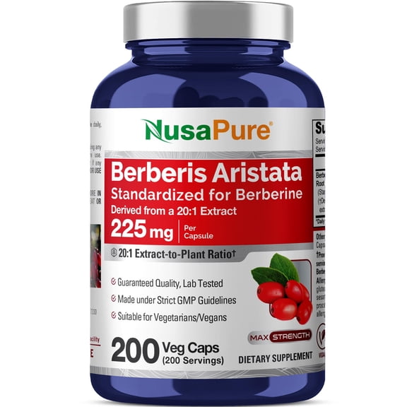NusaPure Berberine HCI Capsules, 225 mg, 200 Veg Capsules (Non-GMO, Vegan)