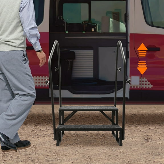 2 Steps Ladder RV Step W/ Handrails Mobile Home Stairs for Travel Trailer Camper
