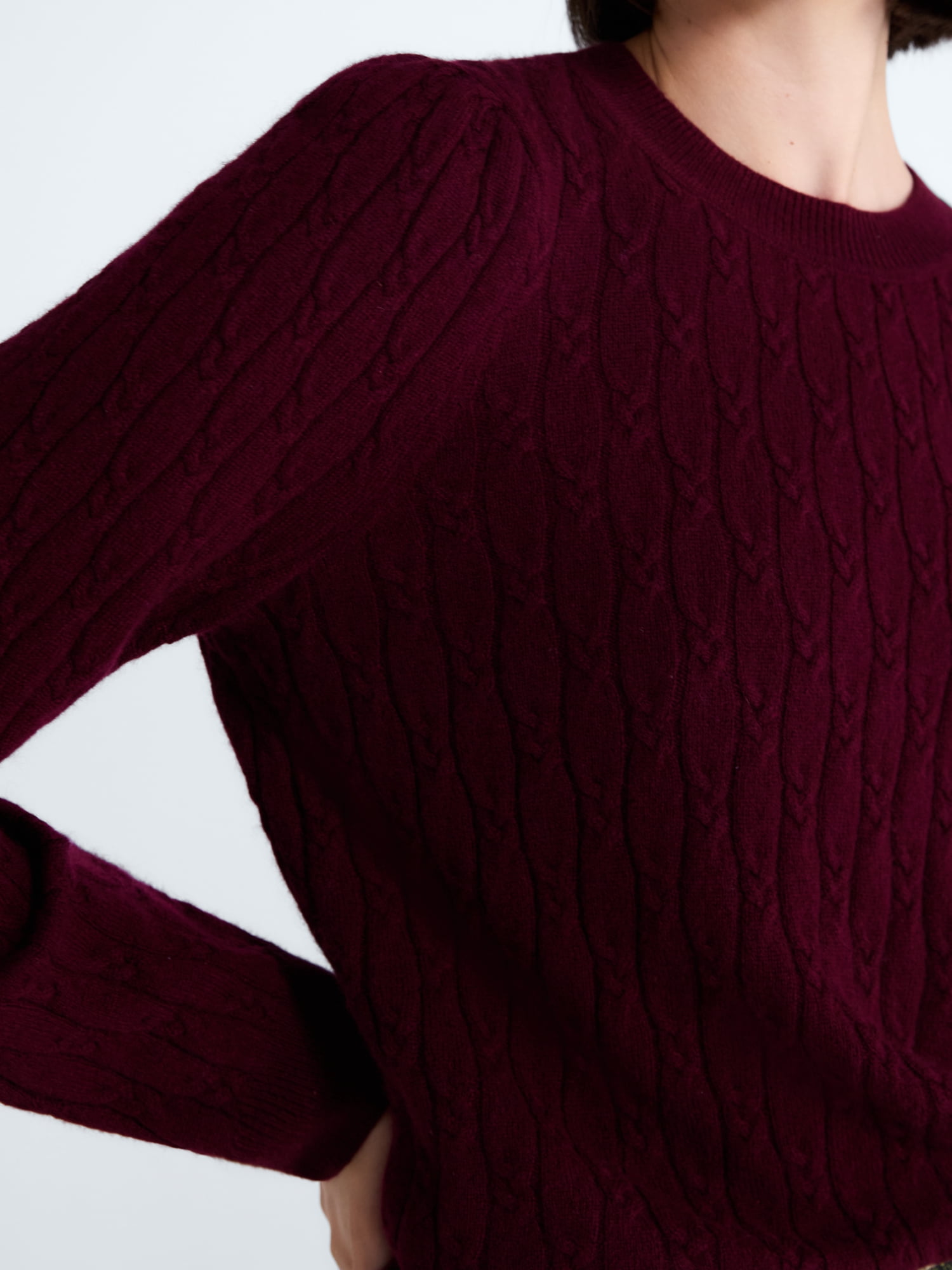 Free Assembly Women's and Women's Plus Cashmere Cable Knit Sweater with Puff Sleeves, Midweight, Sizes XS-4X