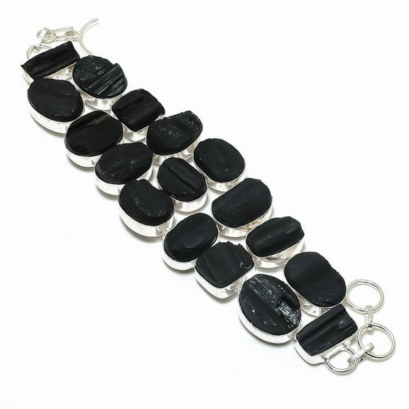 Natural Black Tourmaline Gemstone Handmade 925 Sterling Silver Bracelet 7-8"