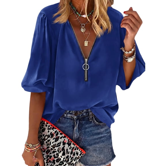 Women's 3/4 Sleeve Zip Front Blouse Casual V‑Neck Loose Fit Tunic Top