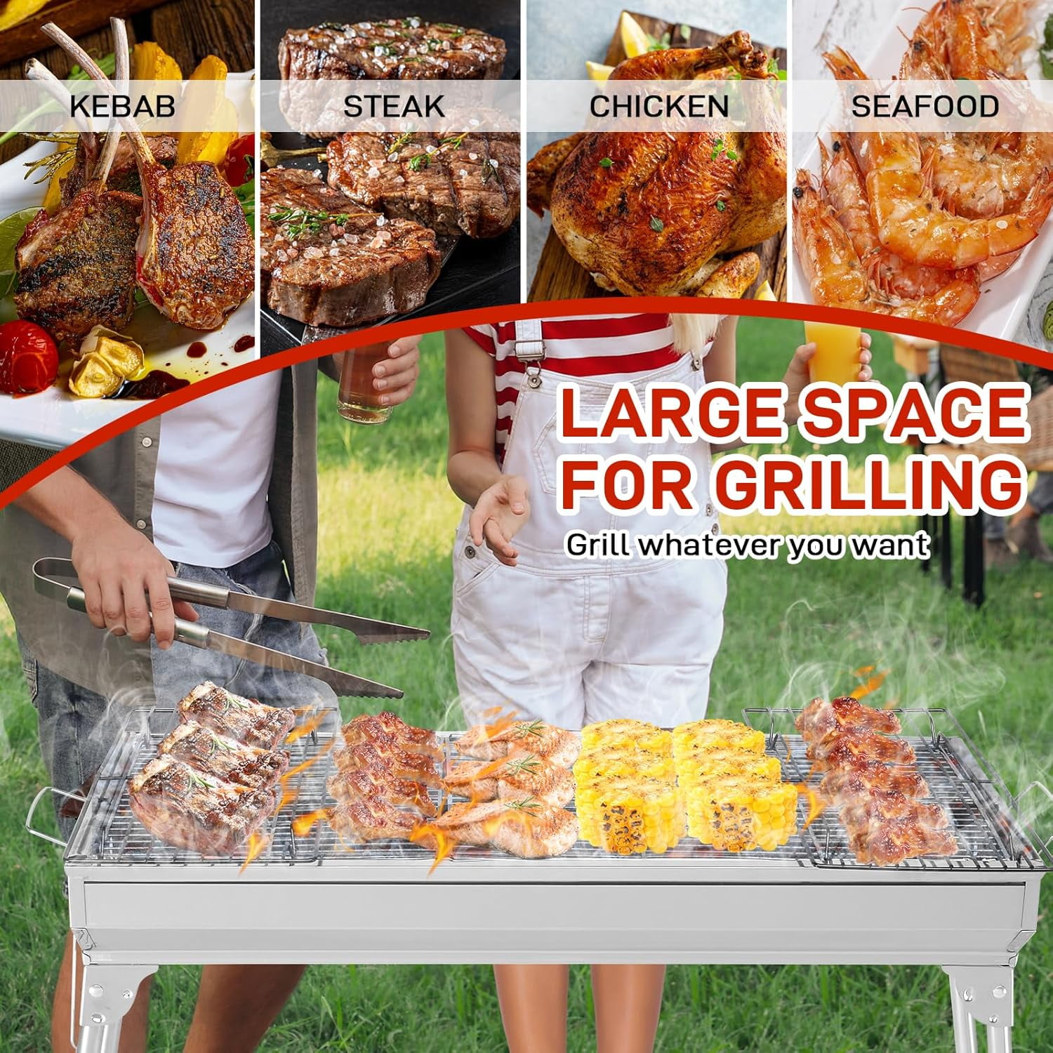 CHTER Portable Charcoal Grill, 28x 13 x 27" Foldable Barbecue Grill, Stainless Steel BBQ Grill for Outdoor Cooking Camping Hiking Picnic Garden Beach Party