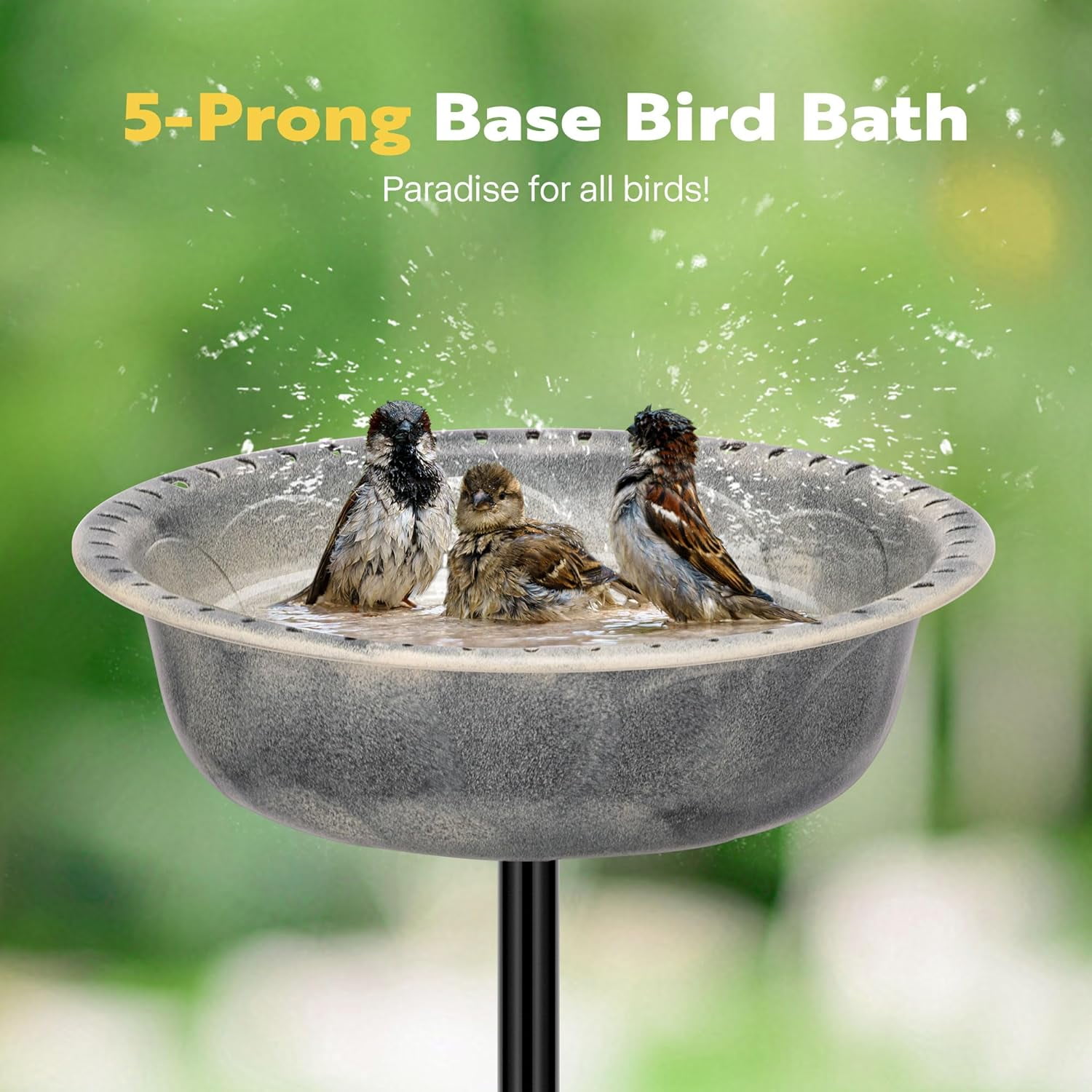 SPECSTAR Bird Bath, Polyresin Birdbath Bowl with Metal Stake, 29 inch Height Outdoor Freestanding Birdfeeder, 1.4 Gallons, 5-Pronged Base, Gray