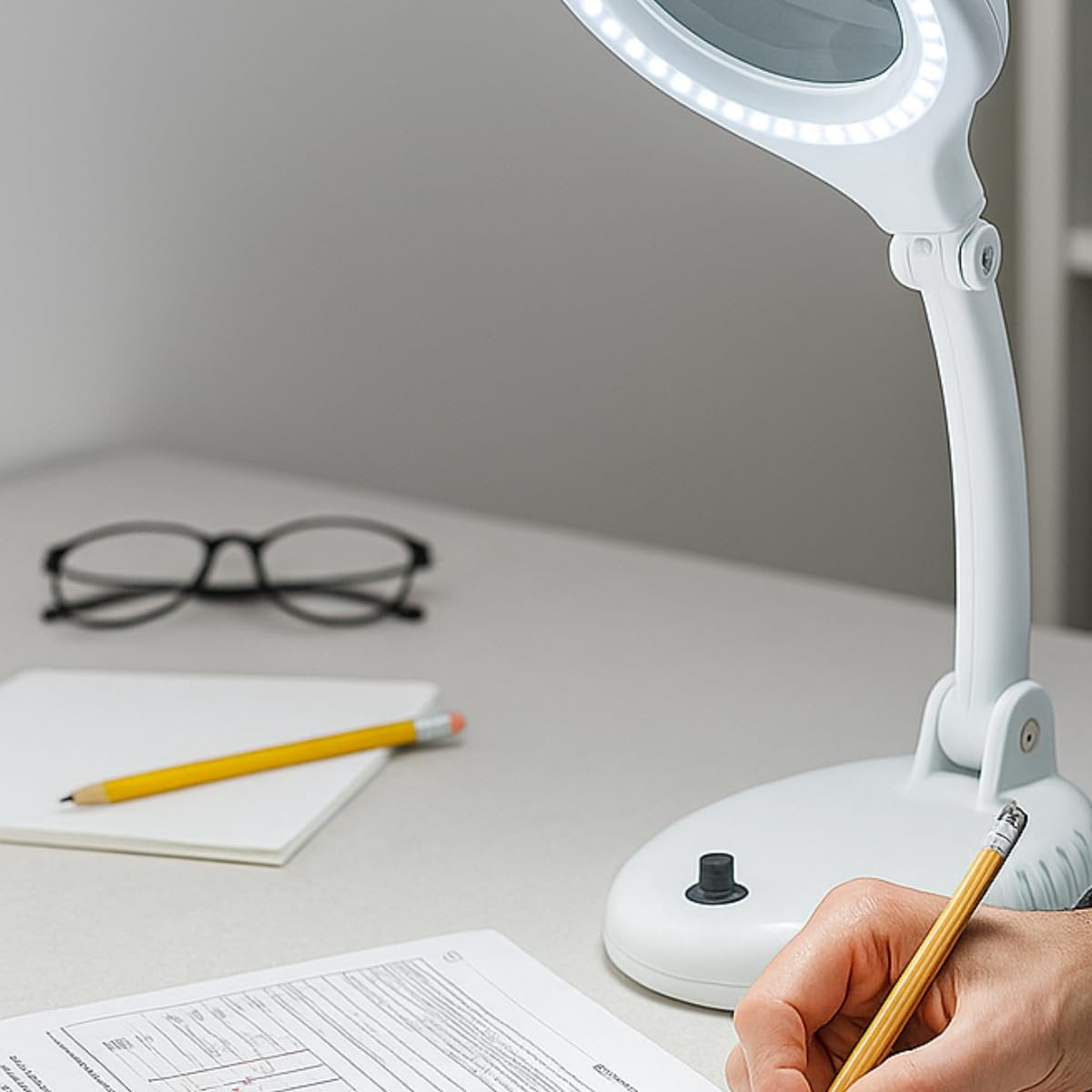 ToolUSA 4" (10.2 cm) Dual-Magnification LED Desk Lamp | 40 LEDs with Dimmer | Flexible Positioning | AC & Rechargeable Power Options