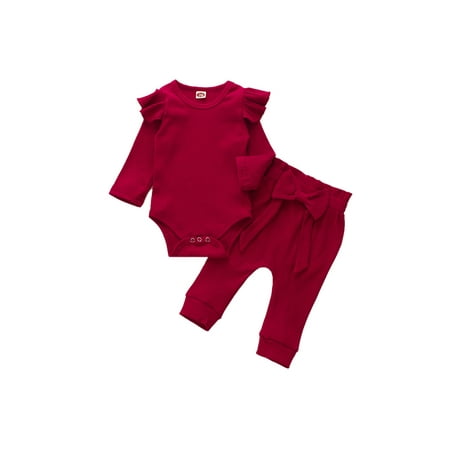 

AvoDovA Autumn Winter Baby Girls Clothes Bow Ribbed Long Sleeve Jumpsuit Bodysuit+Pants Outfits