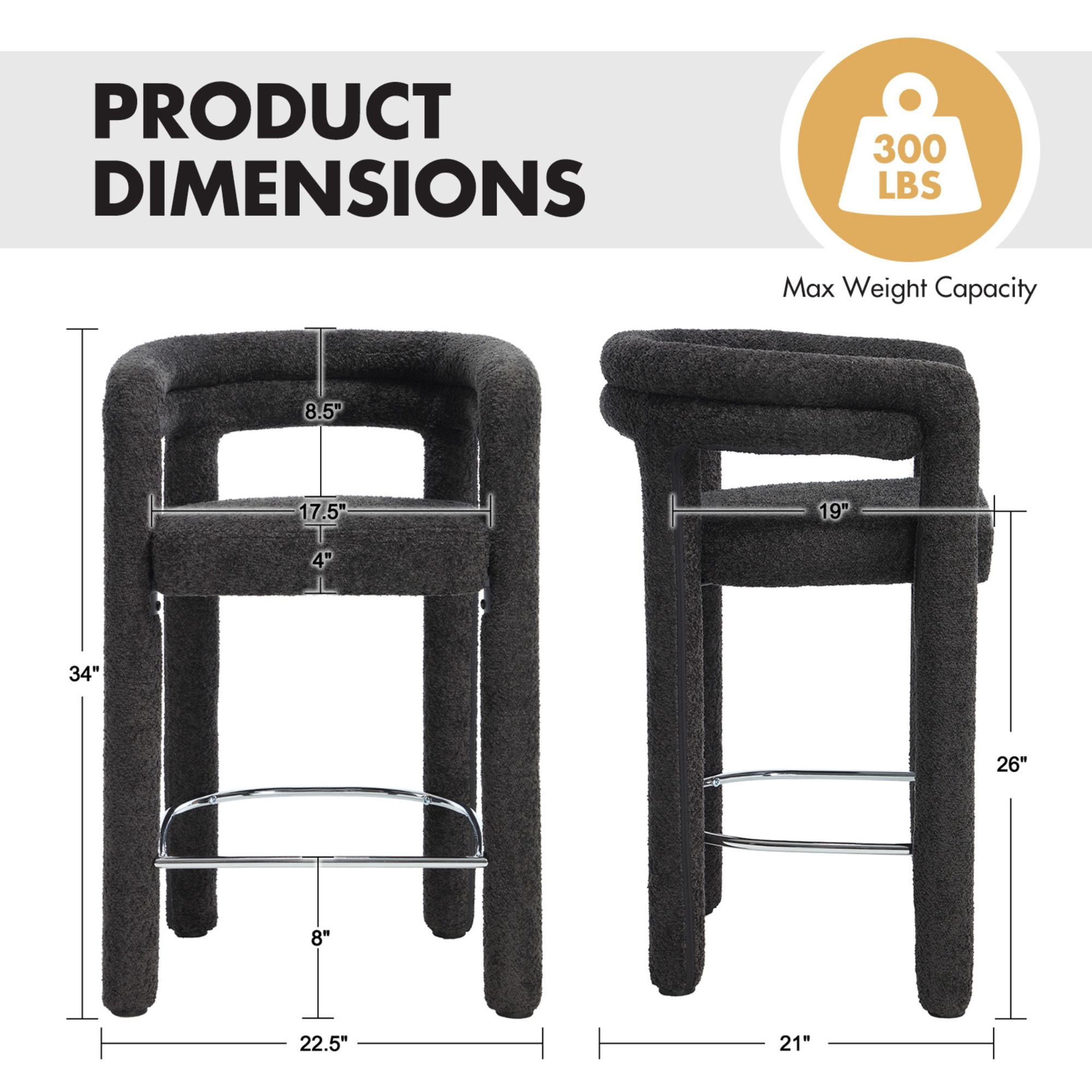 Dayalane 26" Counter Height Bar Stools Set of 1, Modern Sherpa Barrel Barstools with Back and Armrests, Stainless Steel Footrest for Kitchen Island, Black