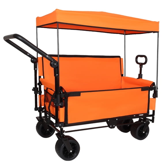 FFZ 3-in-1 Folding Wagon Cart, 180L Capacity, 500lbs Load, Bench Seat & Canopy, All-Terrain Wheels, Orange, for Camping Beach Garden