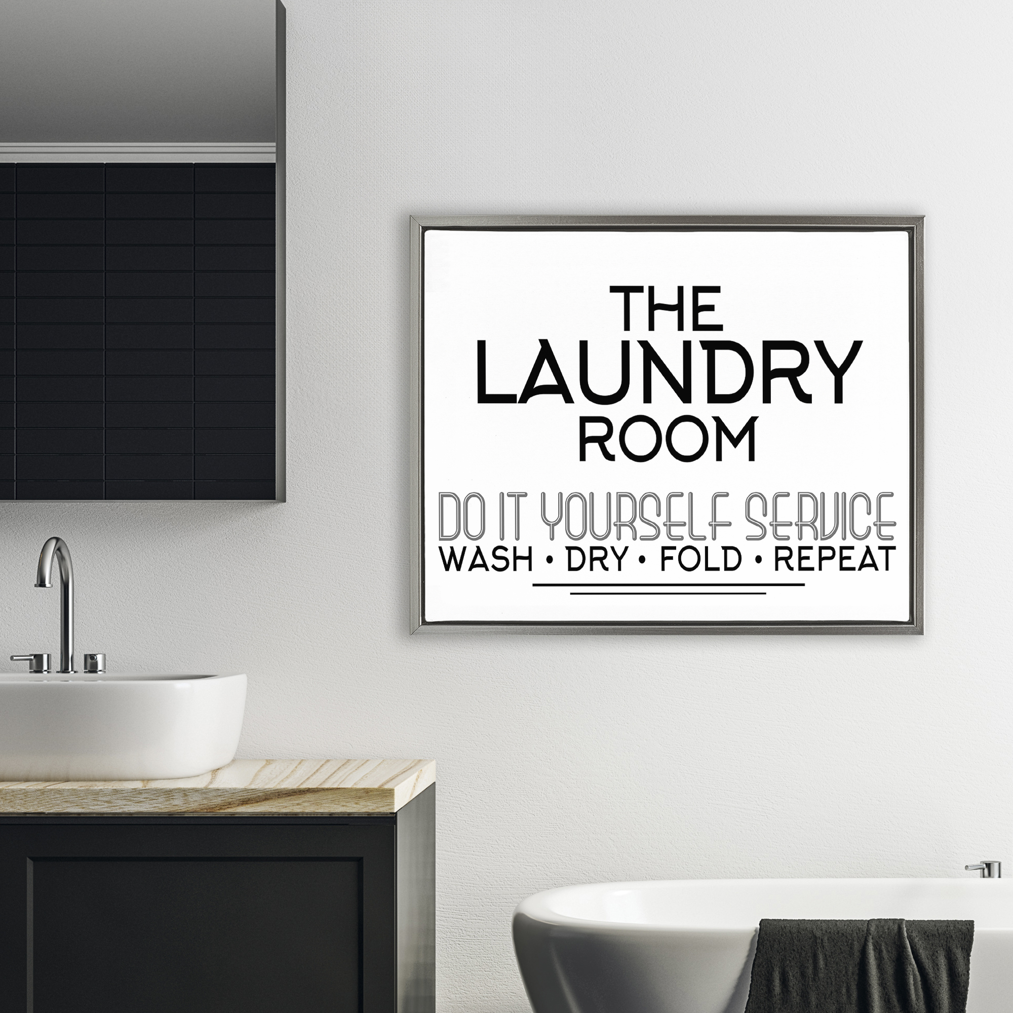 Do It Yourself Laundry Minimal Gray Framed Floater Canvas Wall Art, design by Kim Allen