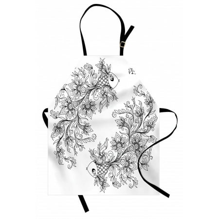 

Zodiac Apron Floral Images Pisces Sign Fish House of the Water Element Sensitivity Planet Sign Unisex Kitchen Bib Apron with Adjustable Neck for Cooking Baking Gardening Black White by Ambesonne