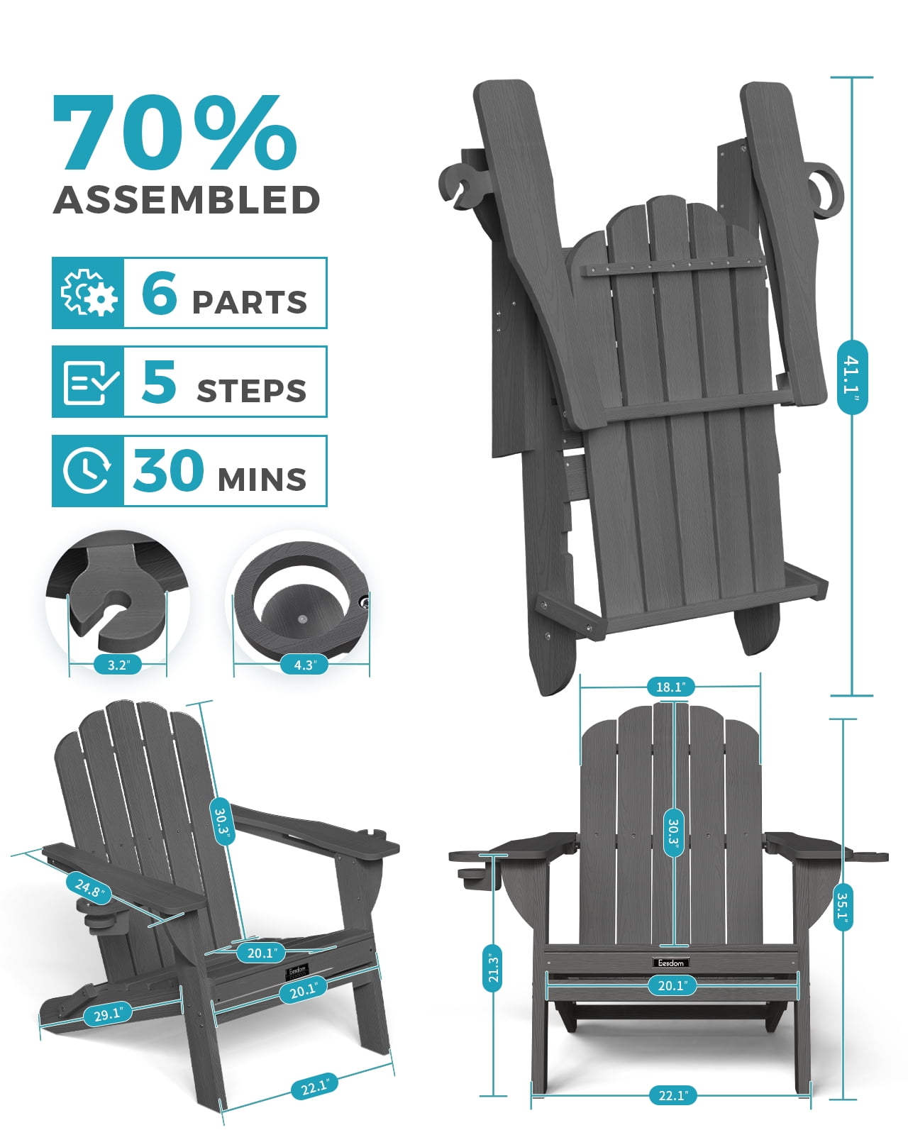 Folding Adirondack Chair, HDPE Patio Adirondack Chair with 2 Cup Holders, All-Weather Outdoor Chairs, Fire Pit Chairs for Patio, Garden, Poolside, Gray