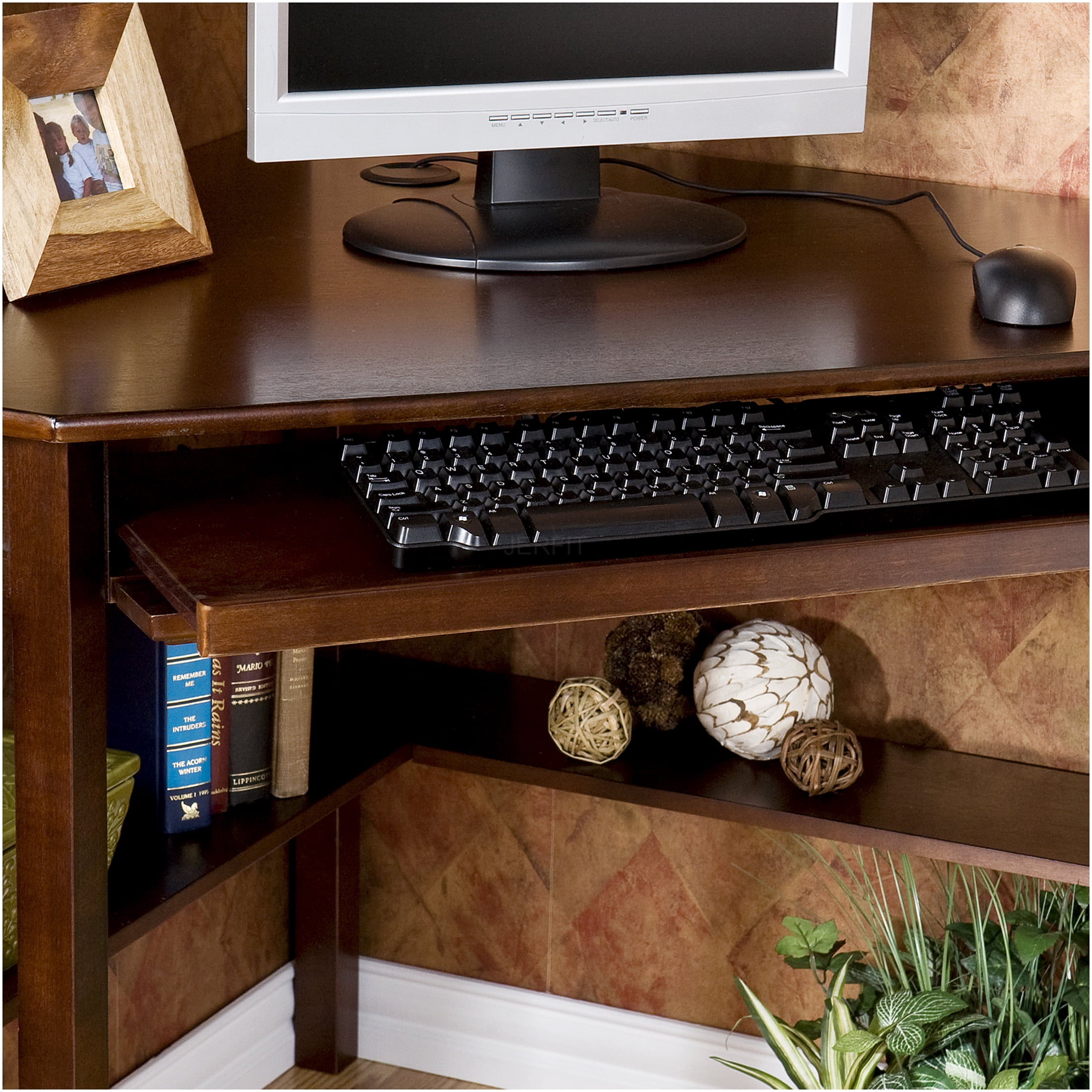 JERFIT Modern Espresso Wood Computer Desk with Drawers & Keyboard Tray, Home Office Writing Study Gaming Desk, Solid Wood Construction