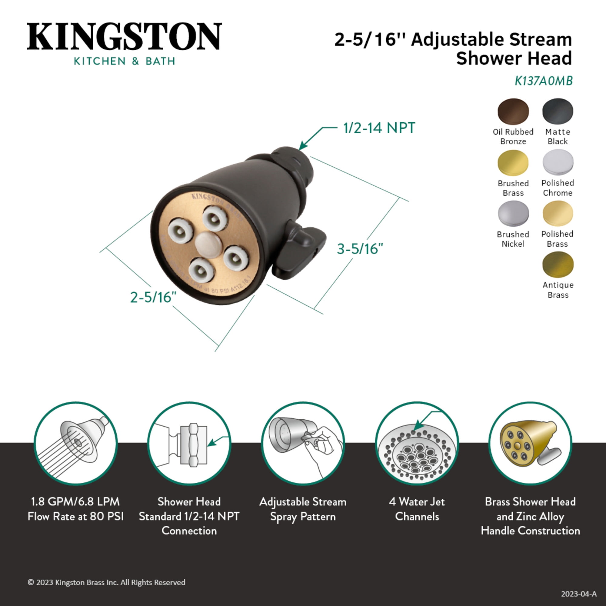 Kingston Brass K137A7 Victorian 2-5/16-Inch Round Adjustable Jet Spray Brass Shower Head in Brushed Brass