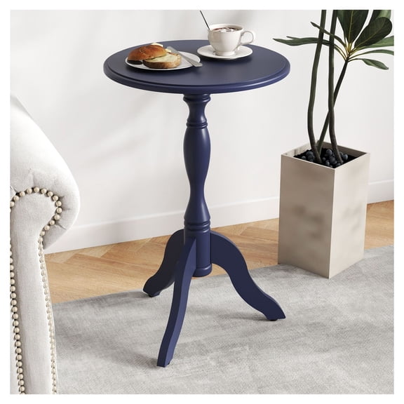 Navy Blue End Table, Round Pedestal Side Table - Vintage Accent Nightstand for Living Room & Bedroom, Small Compact Wooden Drink Table