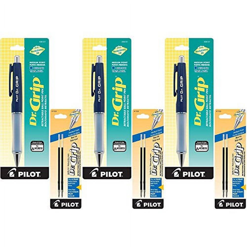 Pilot Dr. Grip Retractable Ballpoint Pen, Medium Point, Navy Barrel with Blue Ink, 3 Pens (36101) with 6 Blue Ink Refill