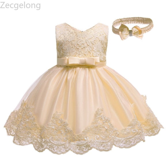 Zecgelong Toddler Baby Girl Embroidered Tutu Ball Gown Lace Dresses with Headwear Size 6-12 Months Beige
