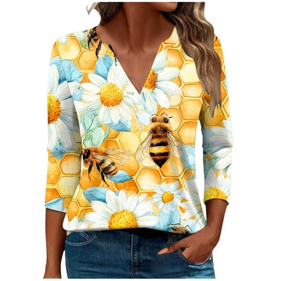 Tnhcen Women's World Bee Day Cute Bee Print Tops – Autumn V-neck 7/8 Sleeve Loose Fit Shirts, Plus Size T-shirts S-5XL