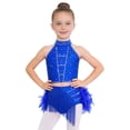 thumbnail image 2 of Hansber Kids Girls Latin Jazz Dance 2 Piece Outfit Rhinestone Crop Top and Tassel Feather Skirted Briefs Royal Blue 12, 2 of 7