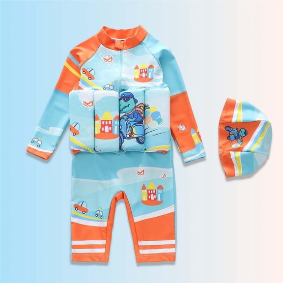 BXSRUTA Boys Baby Float Swimsuit with Built in Buoyancy Bars Long Sleeve Snorkeling Set with Swim Cap
