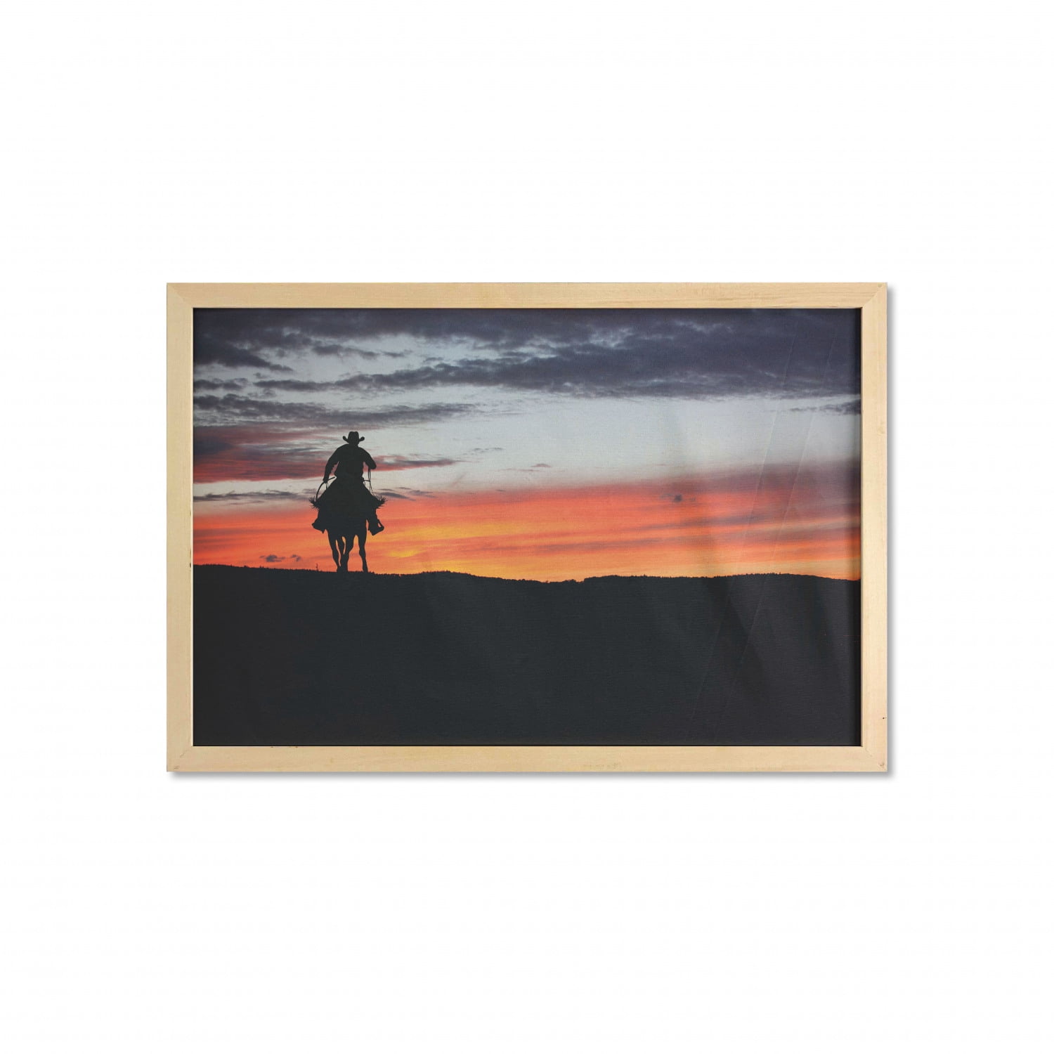 Western Wall Art with Frame, Cowboy Silhouette on a Horse in a Sunset ...