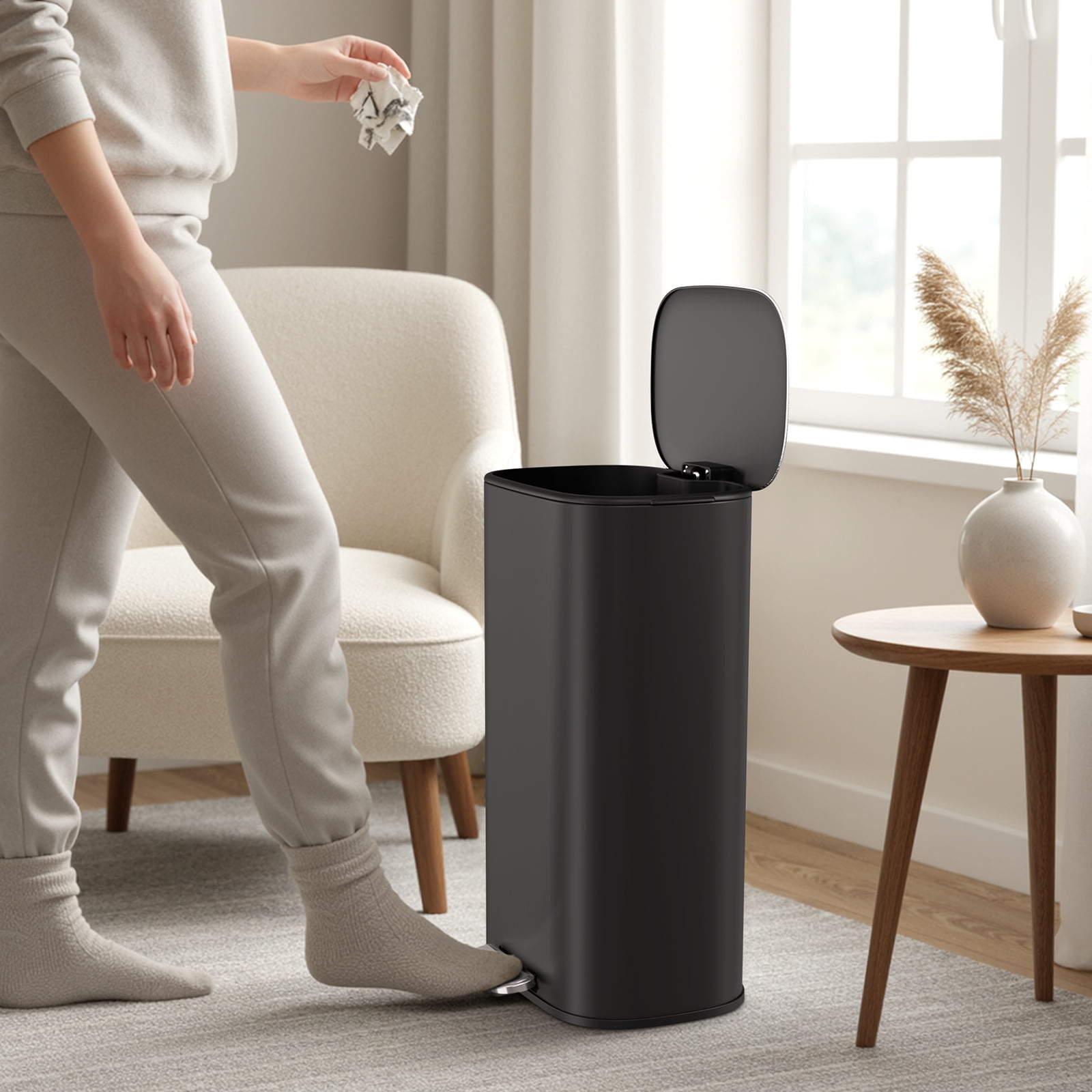 TLSUNNY 8 Gal Kitchen Oval Step Trash Can, Brushed Stainless Steel Kitchen Garbage Bin with Soft-Close Lid & Removable Bucket for Home/Office