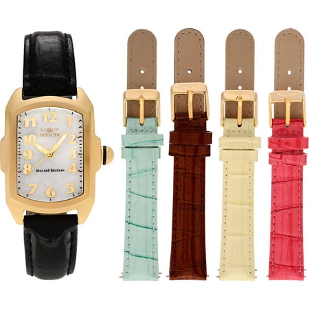 Invicta Women's Stainless Steel Leather 13834 Lupah Mother of Pearl Dial Dress Watch Set, 5 Straps