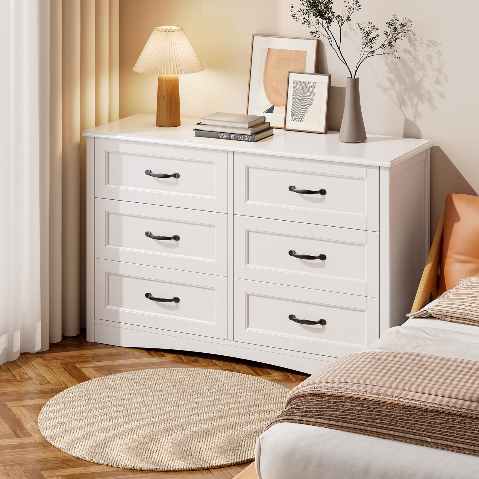 6 Drawer White Dresser,Lofka Modern Wood Double Chest, Versatile Dressers for Bedroom Office Living Room