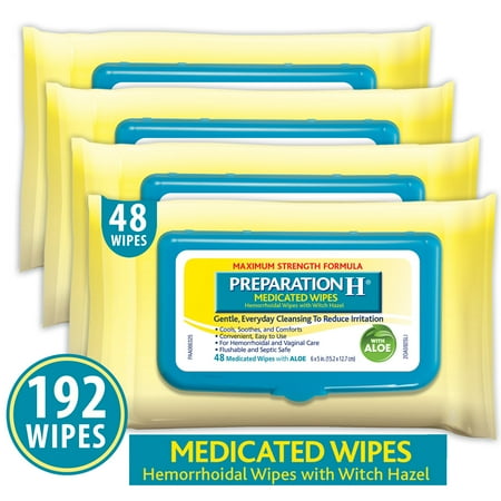 Preparation H 192 count Flushable Medicated Hemorrhoid Wipes, Maximum Strength Relief with Witch Hazel and Aloe, Pouch (Pack of 4)