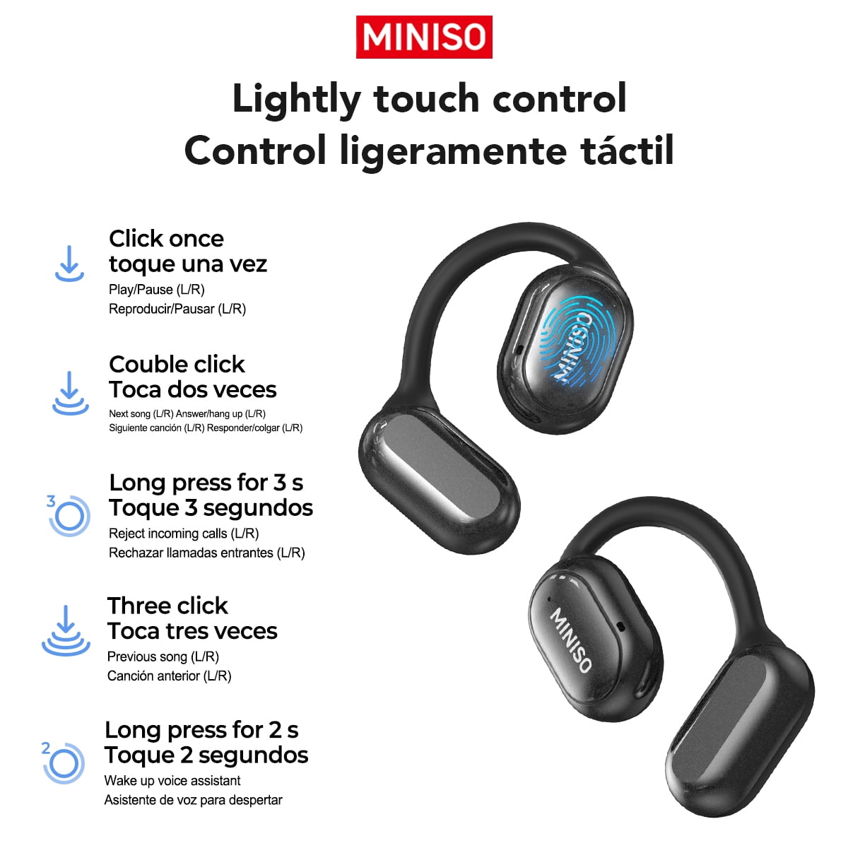 Miniso Open-ear Wireless Earbuds with Smart Touch Screen Case, Bluetooth 6.0, ENC Clear Calls, IPX5 Waterproof, Black
