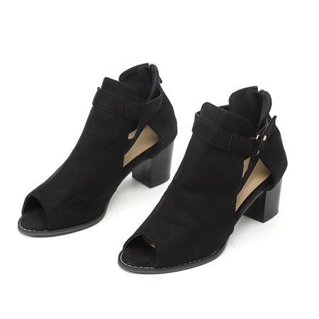 

Bescita Women S Plus Size Suede Chunky Heel Buckle Sandals Round Head Fish Mouth Shose