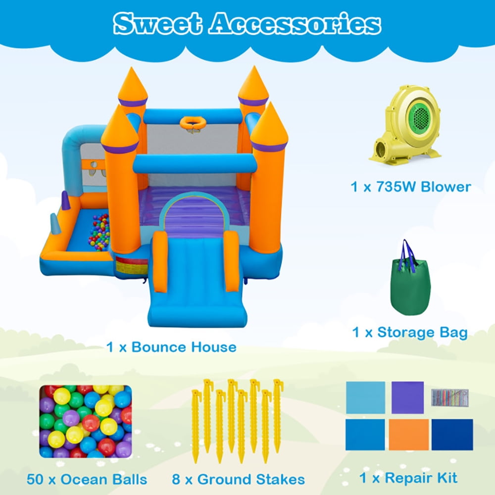 Aimee Lii 5-in-1 Inflatable Bounce Castle with Ocean Balls and 735W Blower, Playhouse for Kids Outdoor
