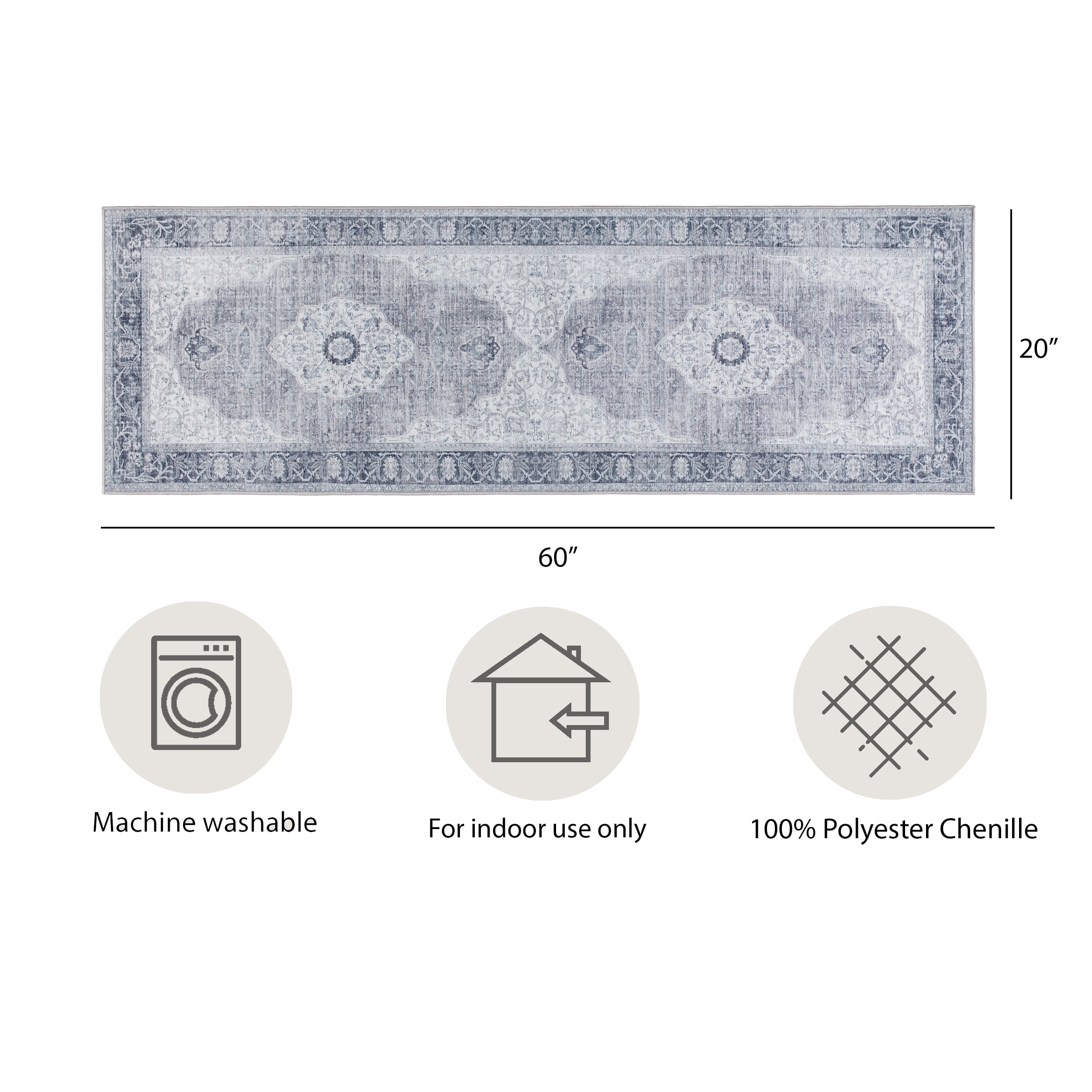 Grey Medallion Washable Skid-Resistant Area Rug, 1'8" x 5'