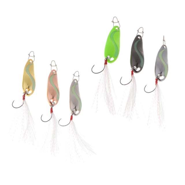 Paquete de 6 señuelos de pesca artificiales de metal duro con lentejuelas y anzuelo con púas. 30x11mm