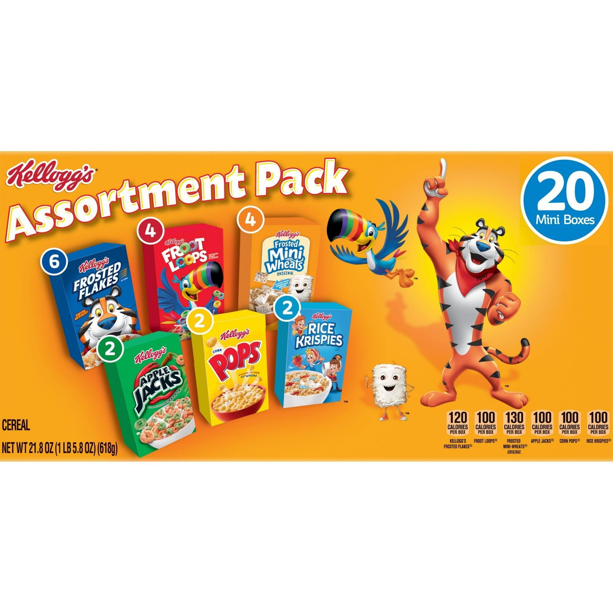 Kellogg's Assortment Pack Breakfast Cereal, Single Serve Cereal To Go, Kids Snacks, Variety Pack, 21.8oz Box (20 Boxes) pack of 4