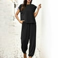 thumbnail image 2 of Penkiiy Womens Summer Cotton Linen 2 Piece Outfits Crewneck Half Sleeve Long Pants Jumpsuit Se XL Black, 2 of 6