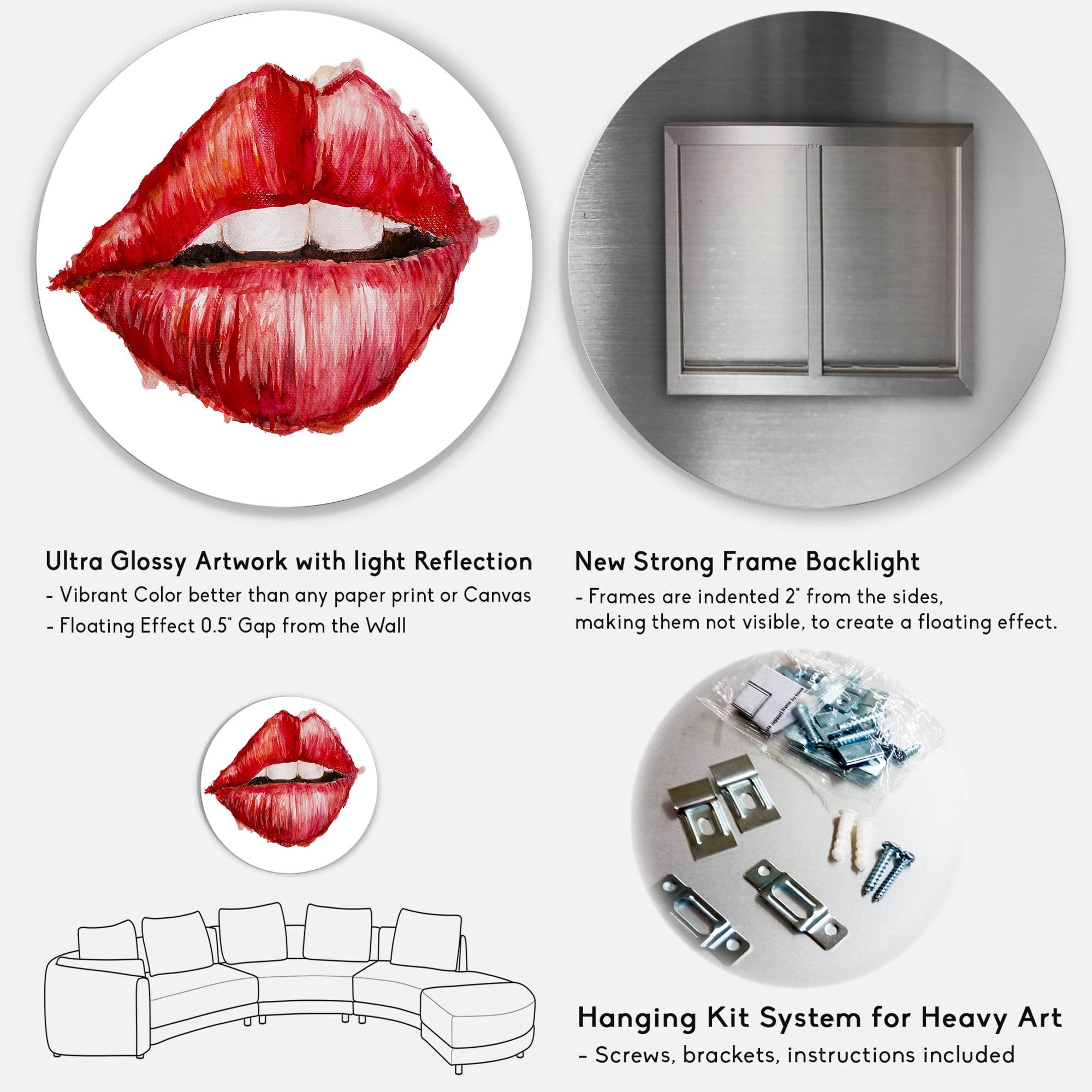 Designart 'Valentines Day Red Female Lips' Modern Circle Metal Wall Art 11x11 - Disc of 11