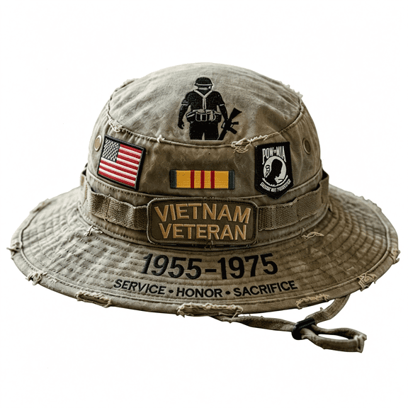 OQRKI Vietnam Veteran Tribute Boonie Hat - Premium Embroidered Patriotic Military Bucket Hat - Tactical Outdoor Sun Cap for Fishing, Hiking - Veterans Day Gift for Men