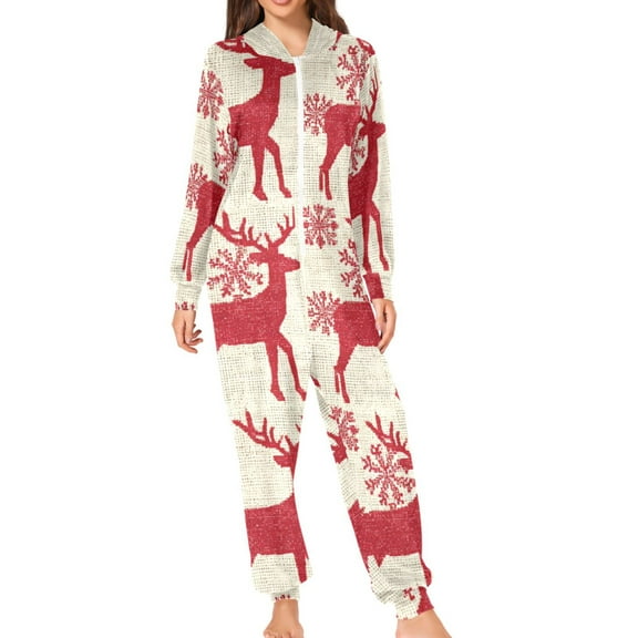 Repeating Red Reindeer Christmas Adult's Hoodie Onesie Jumpsuit One-Piece Pajamas with Zipper Unisex for Holiday S