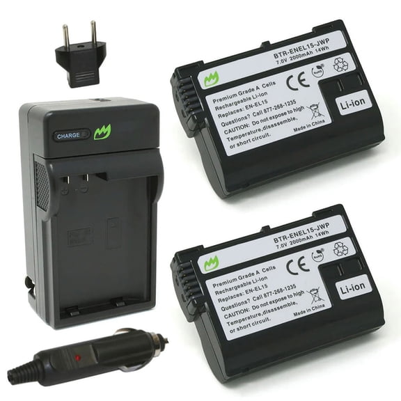 Replacement for Nikon D7000 Battery (2-Pack, 2000mAh) and Charger with Car Adapter