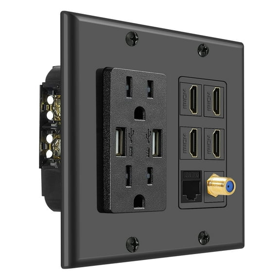 Media Wall Plug Outlet Plate 2 Gang Black w/ 2 USB Outlet, 15A Dual Power Outlet, 4x HDMI Port, Cat6 Rj45 Ethernet Port, Coaxial Cable Outlet Audio Panel Coupler Panel Mount Keystone Jack