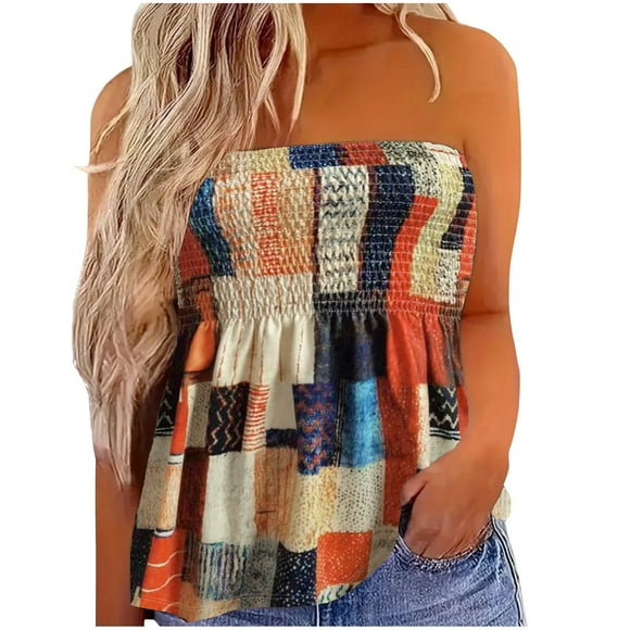 Mareep Women's Sleeveless Tops S-2XL Women Strapless Bandeau Tank Top Summer Casual Printing Sleeveless Tube Shirt Blouse Tanks Top