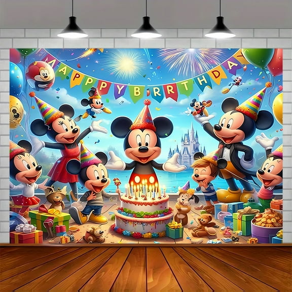 1 Mickey and Minnie birthday background cloth - Durable polyester fabric, suitable for indoor and outdoor garden parties, winter, New Year, Valentine's Day, Ramadan, Easter decoration