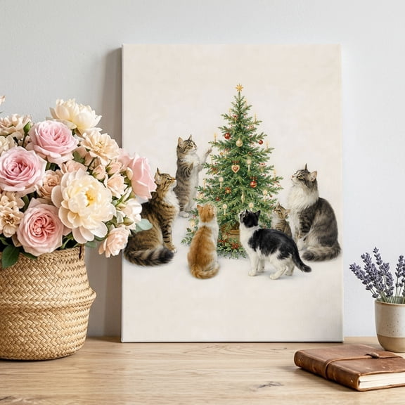 Canvas Wall Art, Christmas Cats Framed Canvas Prints for Living Room Bedroom, Xmas Tree Vintage Ornaments Gallery Wrapped Wall Decor for Home Office, Gifts, 12"x16" Ship Next Day