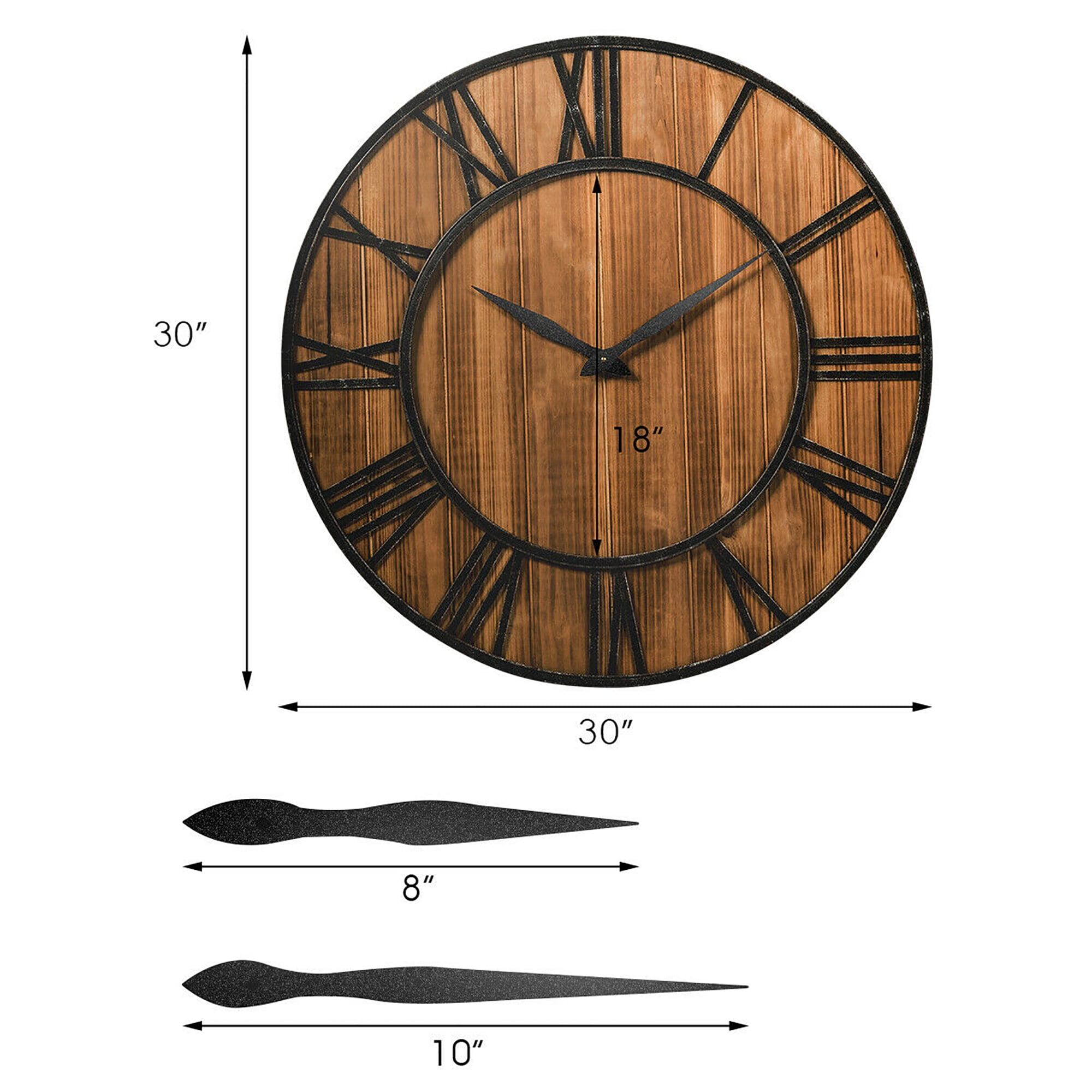 Costway 30'' Round Wall Clock Decorative Wooden Clock Come With Battery