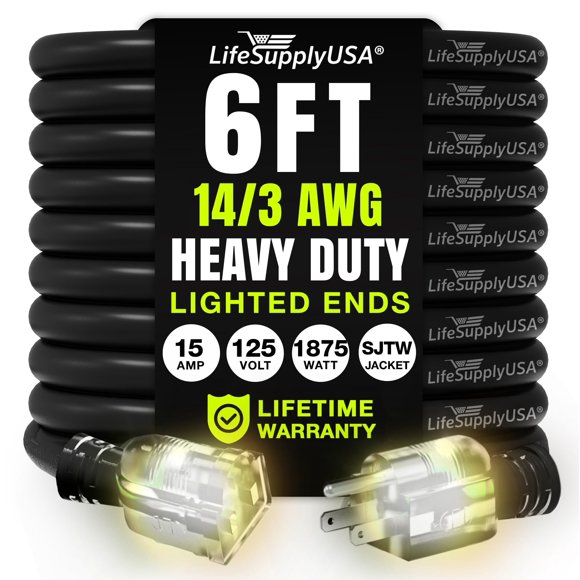 Cable de extensión LifeSupplyUSA de 6 pies, calibre 14/3, 125 V, 1875 W, negro