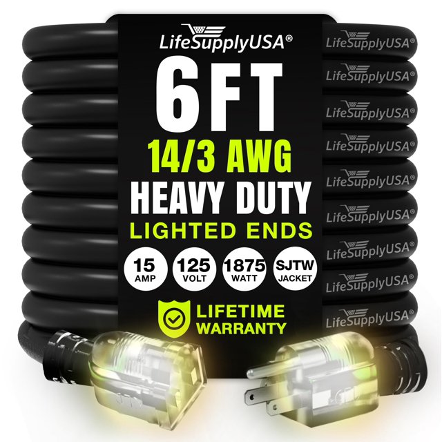 Cable de extensión LifeSupplyUSA de 6 pies, calibre 14/3, 125 V, 1875 W, negro