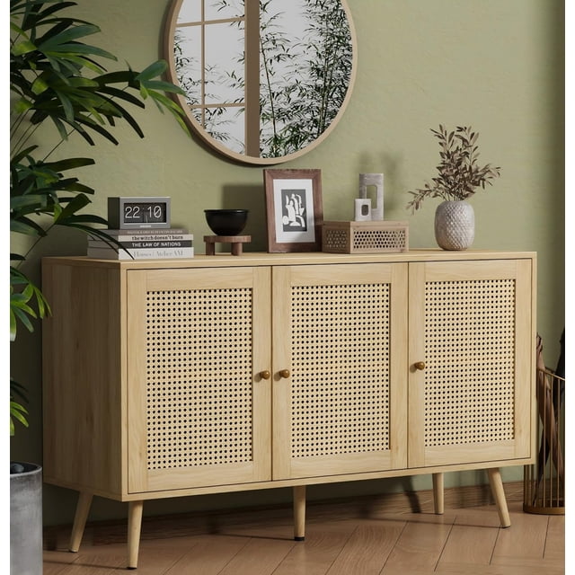 47.2" Rattan Sideboard Buffet Cabinet with 3 Doors,Boho Sideboard Buffet Cabinet with Adjustable Shelves, Console Table for Living Room, Dining Room, Entryway, Coffee Bar