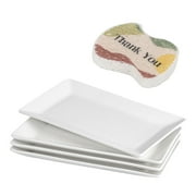 LIFVER Serving Platter and Scrub Sponge, Set of 4 Rectangle Serving Plate, 10 Inches Christmas Sushi Plate, Ceramic Long Serving Tray for Dinner, Parties, Dessert, White