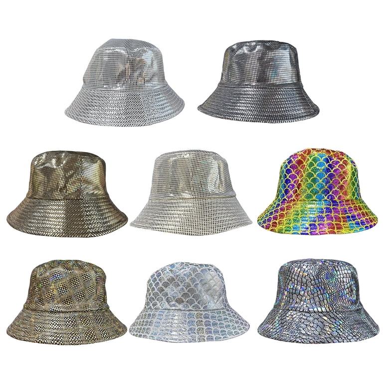 Joernso Shiny Fabric Bucket Hat, Rainproof Reflective Party Hat ...