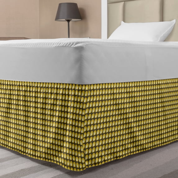 Abstract Art Bed Skirt, Retro Drop Shaped Geometric Circles Vintage Symmetric Rows Pattern, Elastic Bedskirt Dust Ruffle Wrap Around for Bedding Decor, 4 Sizes, Pale Earth Yellow, by Ambesonne