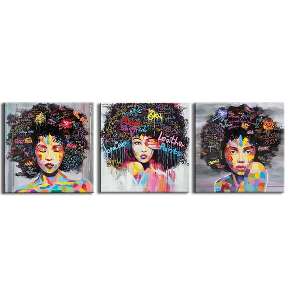 African American Black Art Afro Girl Portrait Painting Print On Wrapped Canvas Wall Art Set